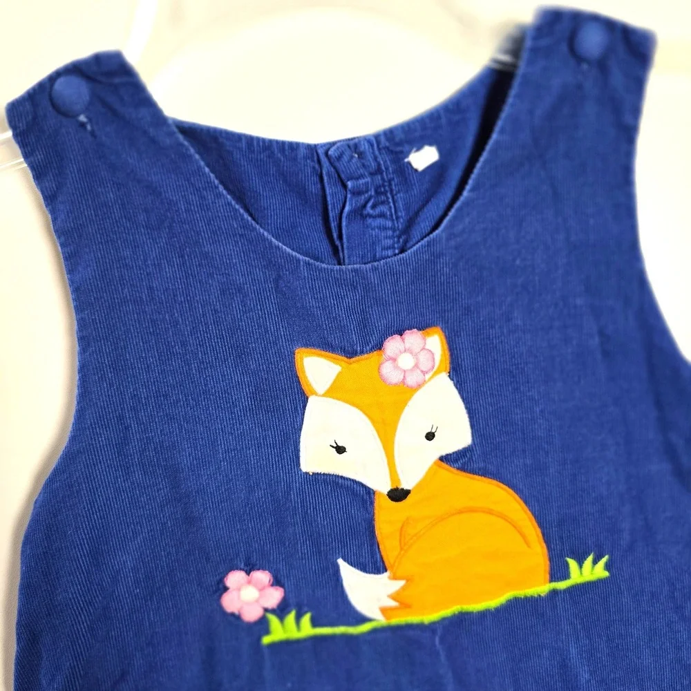 Vintage Girls 3T Blue Corduroy Jumper Dress Fox Applique Fall Autumn Cottagecore